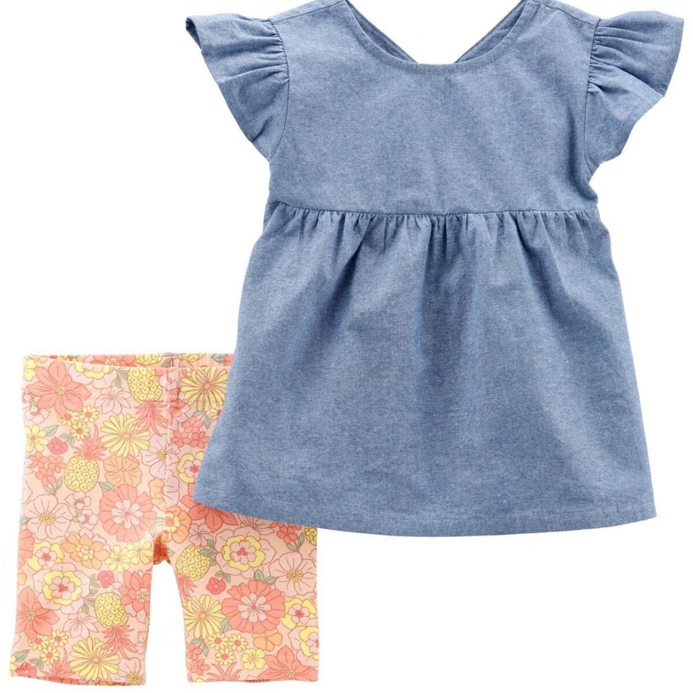 Carters Blue top with Floral Shorts Set